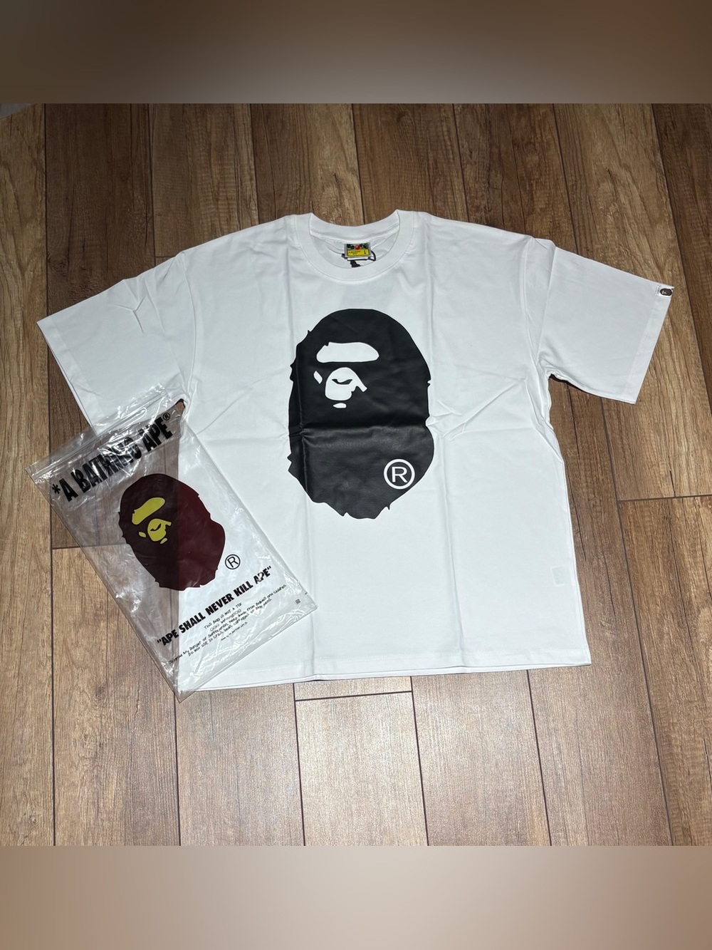 A Bathing Ape BAPE White Tee Shirt with Black Ape Logo Size Large